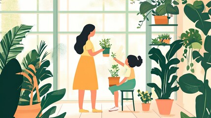 Mother and daughter gardening together on home balcony