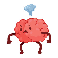 Vector image of a red angry brain icon with weights on a white background