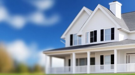 Obraz premium Modern white house with a porch under a blue sky, surrounded by greenery and sunlight