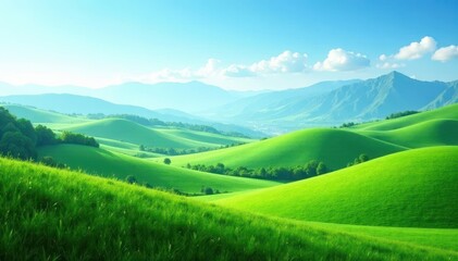 Obraz premium Rolling green hills meet a hazy blue sky, distant mountains loom , rural, image, countryside