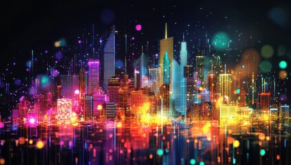 Fototapeta premium Futuristic metropolis glowing with interconnected cyber-lights and digital layers.