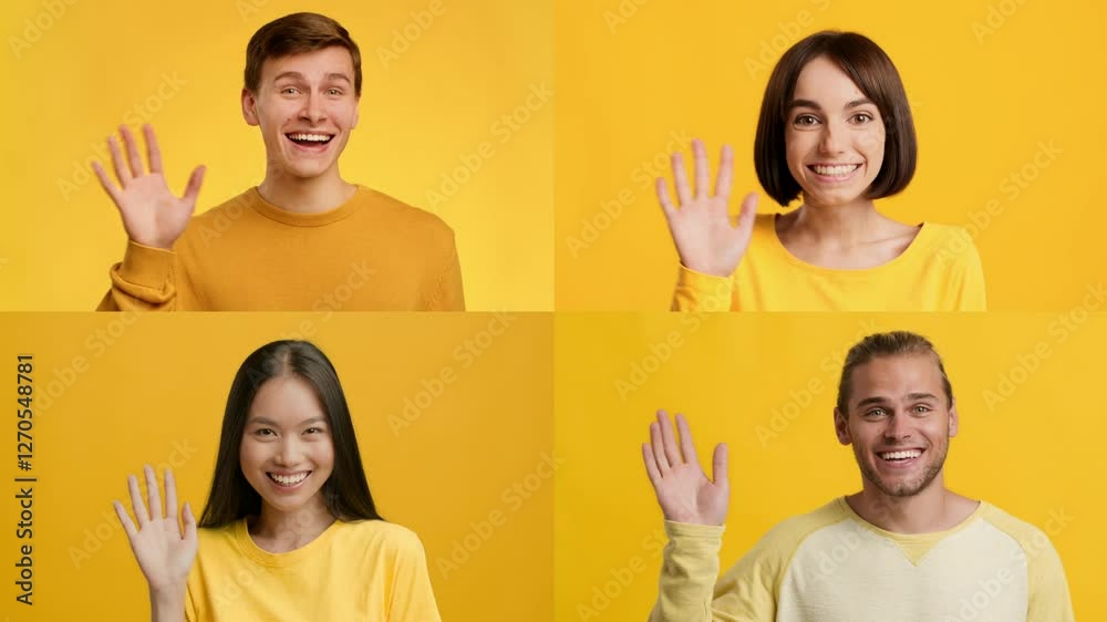 Poster A collection of diverse individuals smiling and waving hello in a bright yellow setting. Each person expresses joy and warmth through their gestures, showcasing a friendly atmosphere.