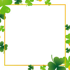 Green clover and gold coins background for St. Patrick's Day. Ornament of clover leaves and gold coins that bring good luck and happiness. Transparent background.