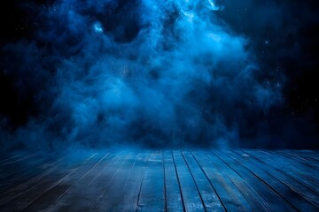 Blue smoke, wood floor, dark studio, backdrop