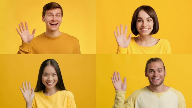 A collection of diverse individuals smiling and waving hello in a bright yellow setting. Each person expresses joy and warmth through their gestures, showcasing a friendly atmosphere.