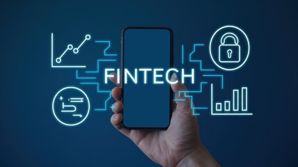 Person holding smartphone displaying fintech concept with neon icons