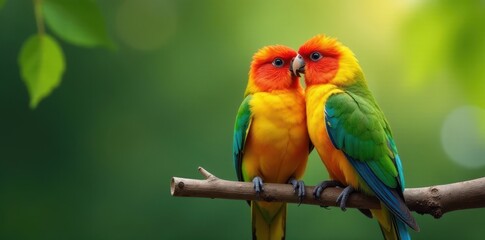 Obraz premium Two lovebirds perched on a branch, side-by-side, bond, habitat