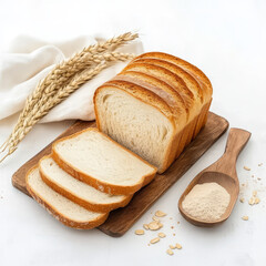 Naklejka premium Freshly sliced white bread with wheat flour on wooden board