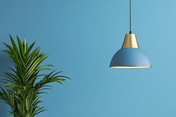 Obraz premium Blue wall, pendant lamp, plant, interior design mockup