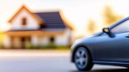 A sleek car parked in front of a modern house with a blurred background suggesting tranquility