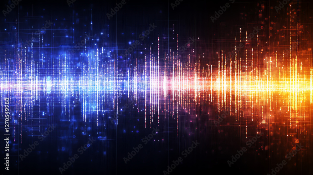 Poster abstract visualization of sound spectrum with digital lines and energy particles gradient