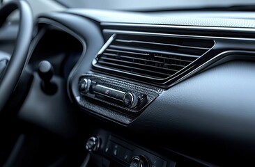 Car interiors with digital displays, air vents, and control panels. AI generated image