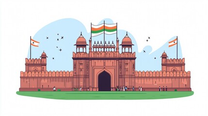Detailed Illustration of the Historic Red Fort in Delhi, India