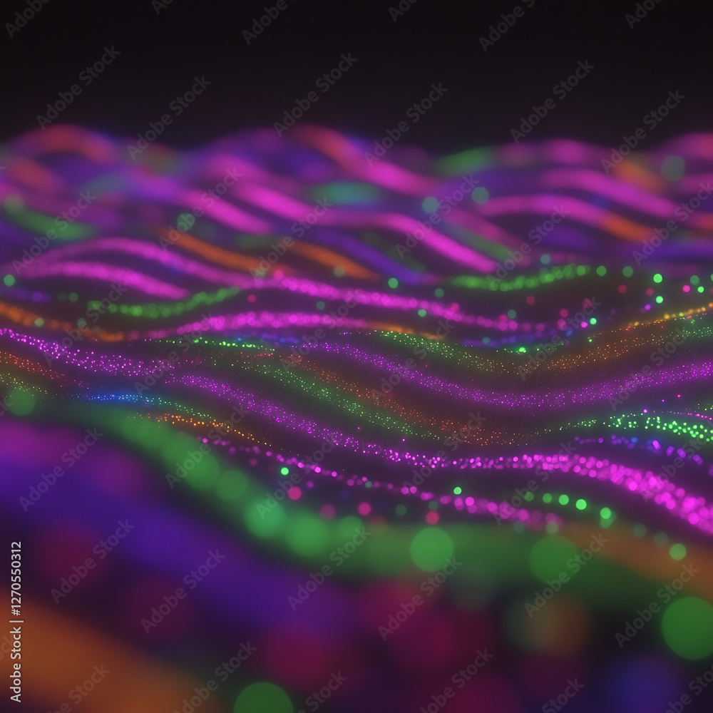 Poster abstract wavy lines of colorful light dots creating a rhythmic pattern on a dark background