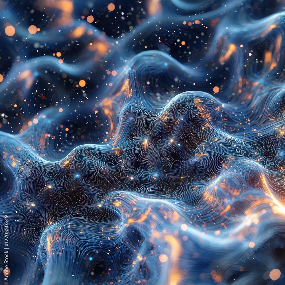 Poster wavy luminous streams flowing into structured plexus formations, showcasing real-time interactions.