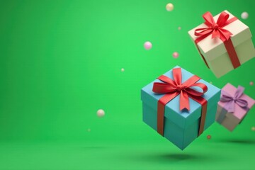 Fototapeta premium Floating gift boxes with ribbons, celebratory green backdrop, visual, summer
