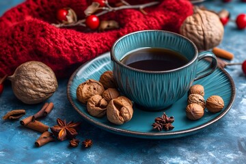 Cozy autumn teacup, walnuts, spices, sweater