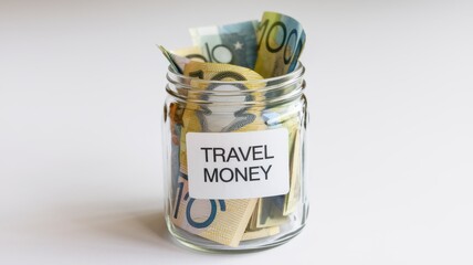 Australian money is collected inside a transparent labeled travel jar