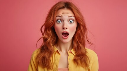 Shocked redhead woman with open mouth against pink background.