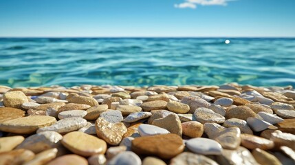 Plastic pollution idea. Tranquil beach scene with smooth stones and calm turquoise water under a clear sky.