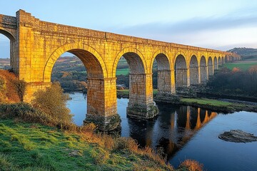 Fototapeta premium Ancient stone bridge spans river at sunset, showcasing its many arches. Ideal for travel, history, architecture, and landscape projects.
