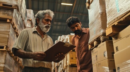 Diligent Indian Logistics Workers Analyzing Inventory in Warehouse