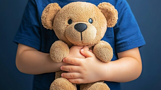 A child holds a soft teddy bear, showcasing a moment of comfort and affection, set against a simple, dark background. - Powered by Adobe