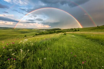 Naklejka premium Behold mesmerizing spectacle of a resplendent rainbow gracefully curving across a plentiful meadow, its vibrant hues evoking a sense of optimism and enchantment, a truly wondrous masterpiece crafted 
