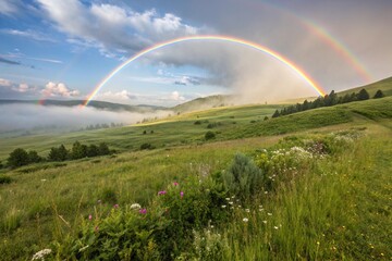 Naklejka premium Behold mesmerizing spectacle of a resplendent rainbow gracefully curving across a plentiful meadow, its vibrant hues evoking a sense of optimism and enchantment, a truly wondrous masterpiece crafted 