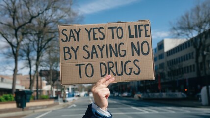 Person holds a sign promoting anti drug sentiment outdoor