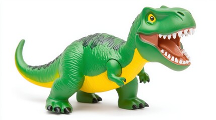 A vibrant green toy dinosaur with a yellow belly and an open mouth, showcasing its playful and fierce expression.