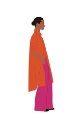 Stylish black woman wearing summer fashion outfit. Pretty african american girl in modern look standing side view. Vector realistic illustration isolated