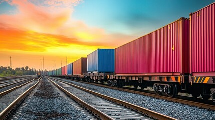 Fototapeta premium wagon of freight train with containers on the sky background