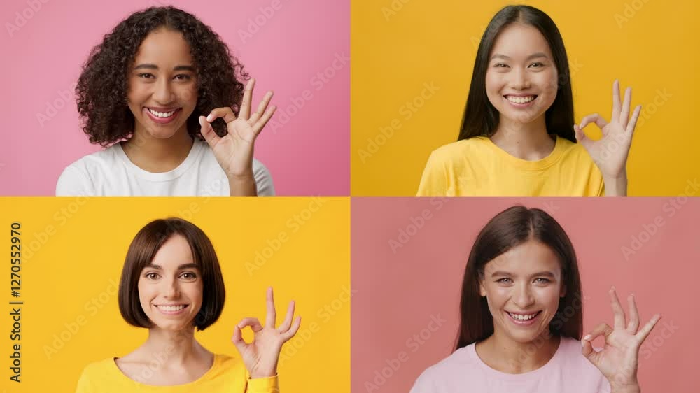 Aufkleber four women of different backgrounds display the okay gesture, smiling brightly against vibrant yello