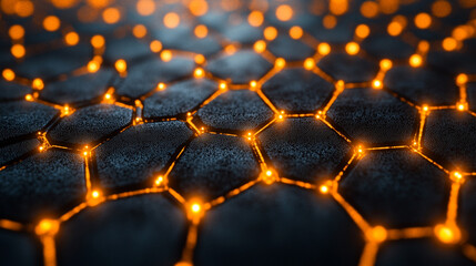 graphene molecular structure with glowing orange highlights, symbolizing innovation, nanotechnology, and the future of material science in advanced engineering and research