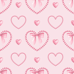 Coquette hearts, bows and beads in pastel pink color. Watercolor seamless pattern hand drawn on pink for cutecore, girl style, romantic design, textile, wrapping, fabric and scrapbooking paper.