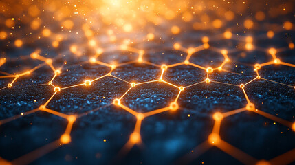 graphene molecular structure with glowing orange highlights, symbolizing innovation, nanotechnology, and the future of material science in advanced engineering and research