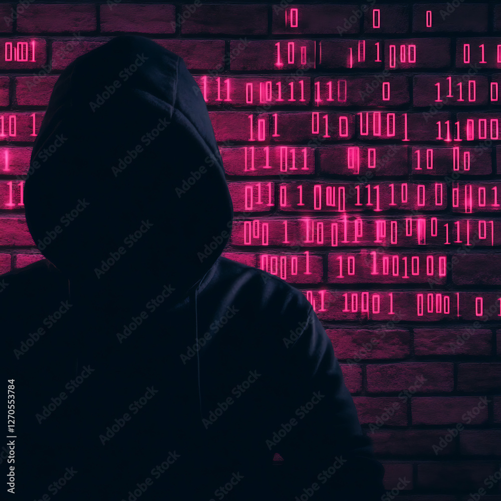 Poster anonymous hacker silhouette against binary code brick wall cyber security identity protection concep
