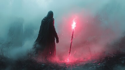 Fantasy warrior wielding a glowing staff in a mystical, fog-covered battlefield