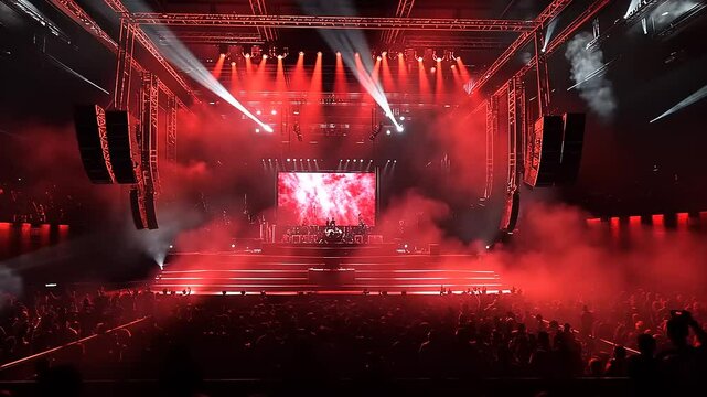 Vibrant concert scene with energetic crowd and dramatic lighting effects in a packed venue