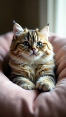 Fluffy British Shorthair cat relaxing on a soft cushion , home, comfort