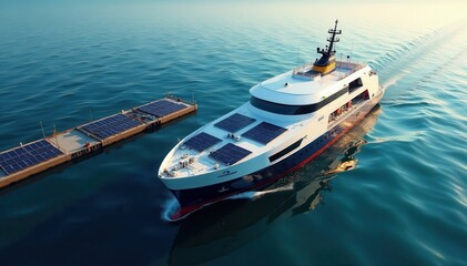 Obraz premium Electric ship charging at dock, solar panels visible, sea, green energy
