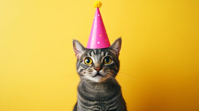 Playful Feline in Bright Pink Party Hat Against Yellow Background