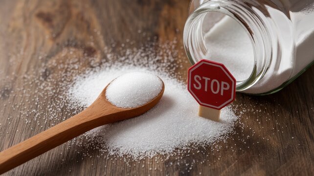Excessive sugar intake is conveyed through jar spoon and stop sign