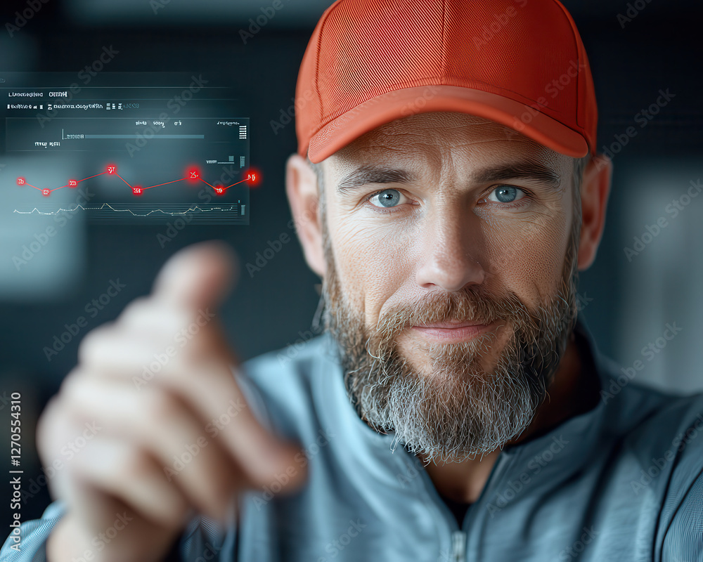 Poster Confident man in cap pointing at digital data display, showcasing analytics and trends. setting reflects modern workspace with focus on technology