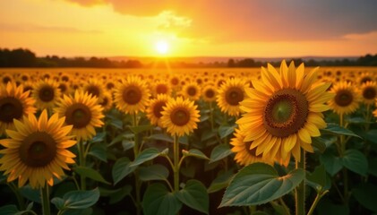 Fototapeta premium Golden hour sunset bathes vast sunflower field in warm light , photography, sunset