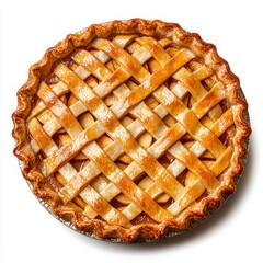 A golden-brown lattice pie with a flaky crust, showcasing a classic dessert that's both visually appealing and delicious.