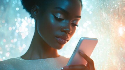 Radiant and Stunning Portrait of a Young African Woman with Phone