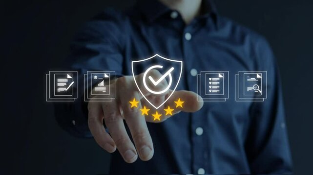 Businessman touching standard quality control certification assurance guarantee for automation process. Quality management with Quality Assurance, Quality Control, Standardization, health insurance,