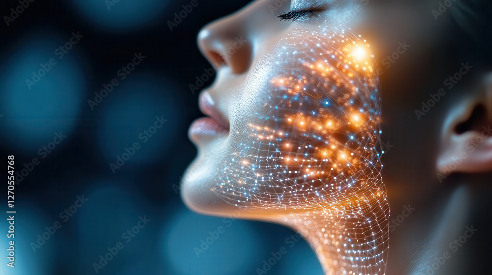 Aufkleber close up of woman face illuminated by glowing energy fields, showcasing blend of technology and beau